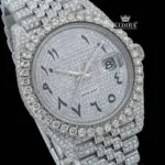 White Dial Arabic Numerals Full Iced Out Moissanite Watch Close Up Dial View