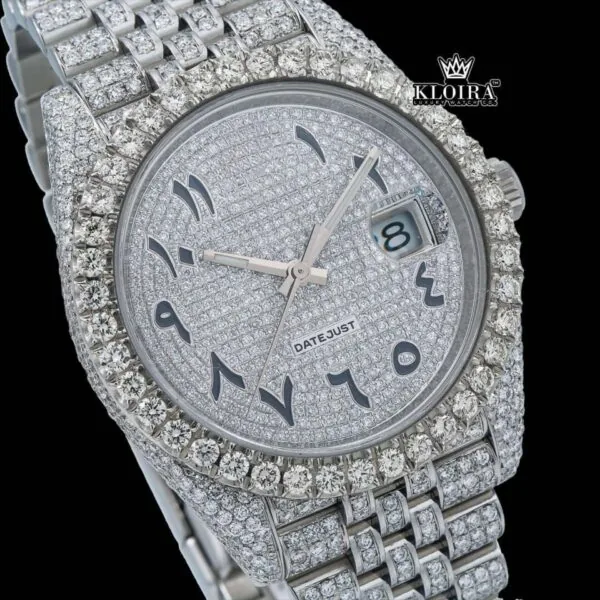White Dial Arabic Numerals Full Iced Out Moissanite Watch Close Up Dial View