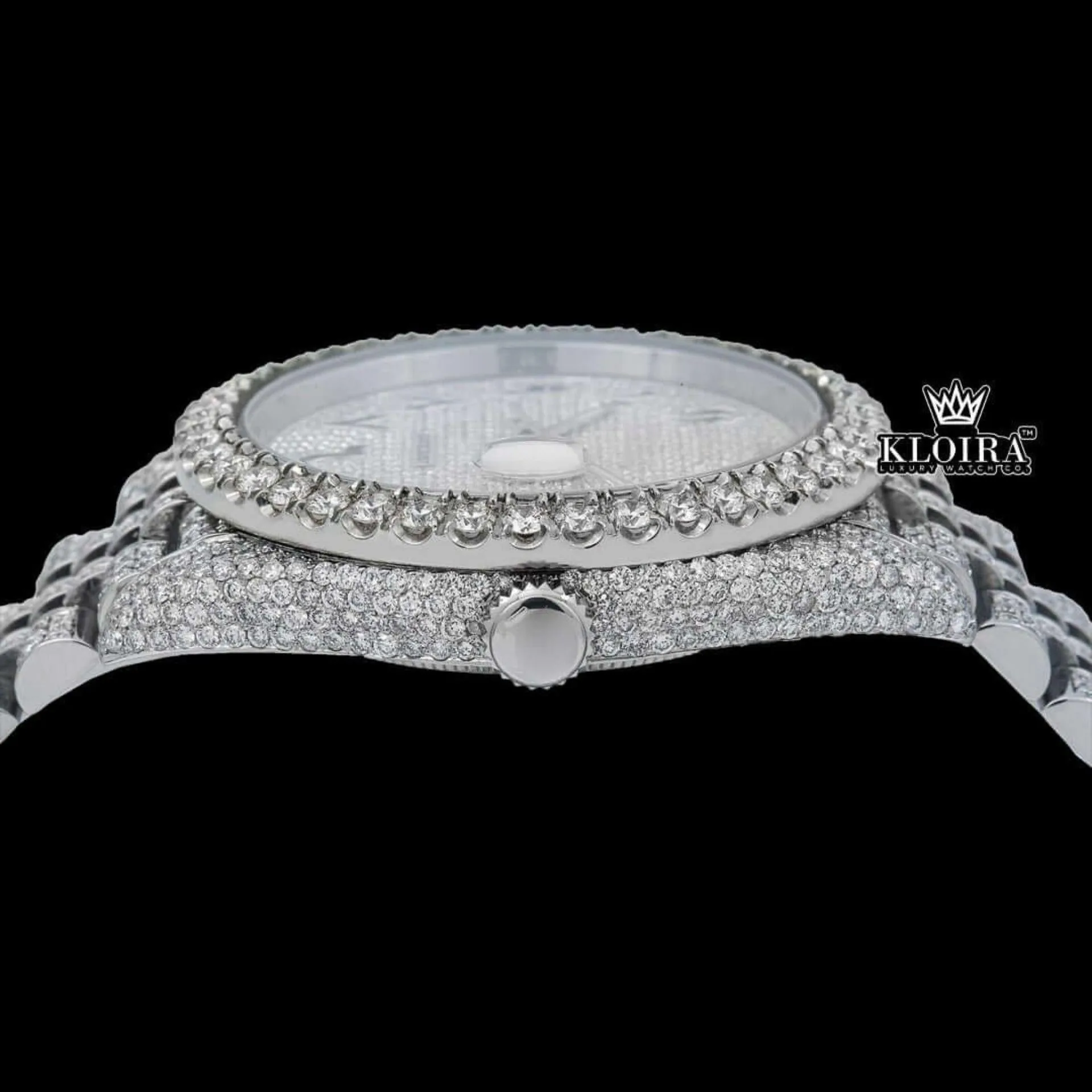 White Dial Arabic Numerals Full Iced Out Moissanite Watch Crown View