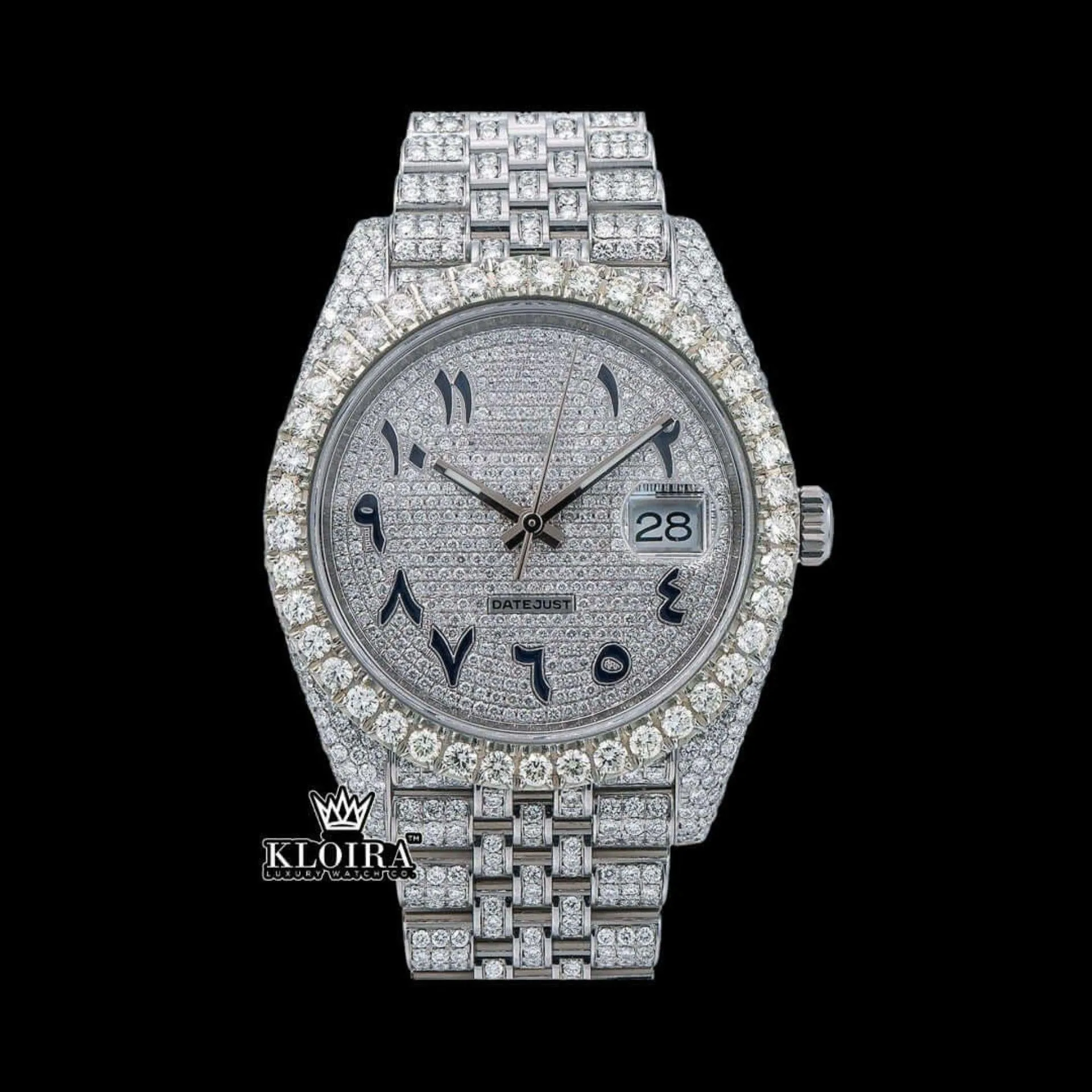 Roles Moissanite Watch with white dial and Arabic numerals, showcasing full iced out design.