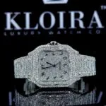 Cartior Santos White Dial Arabic Numerals Moissanite Watch with Iced-Out Design