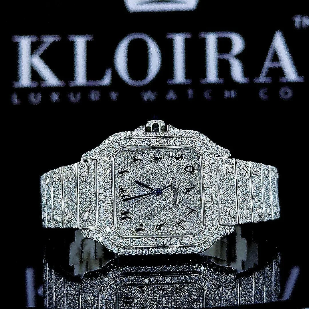 Cartior Santos White Dial Arabic Numerals Moissanite Watch with Iced-Out Design