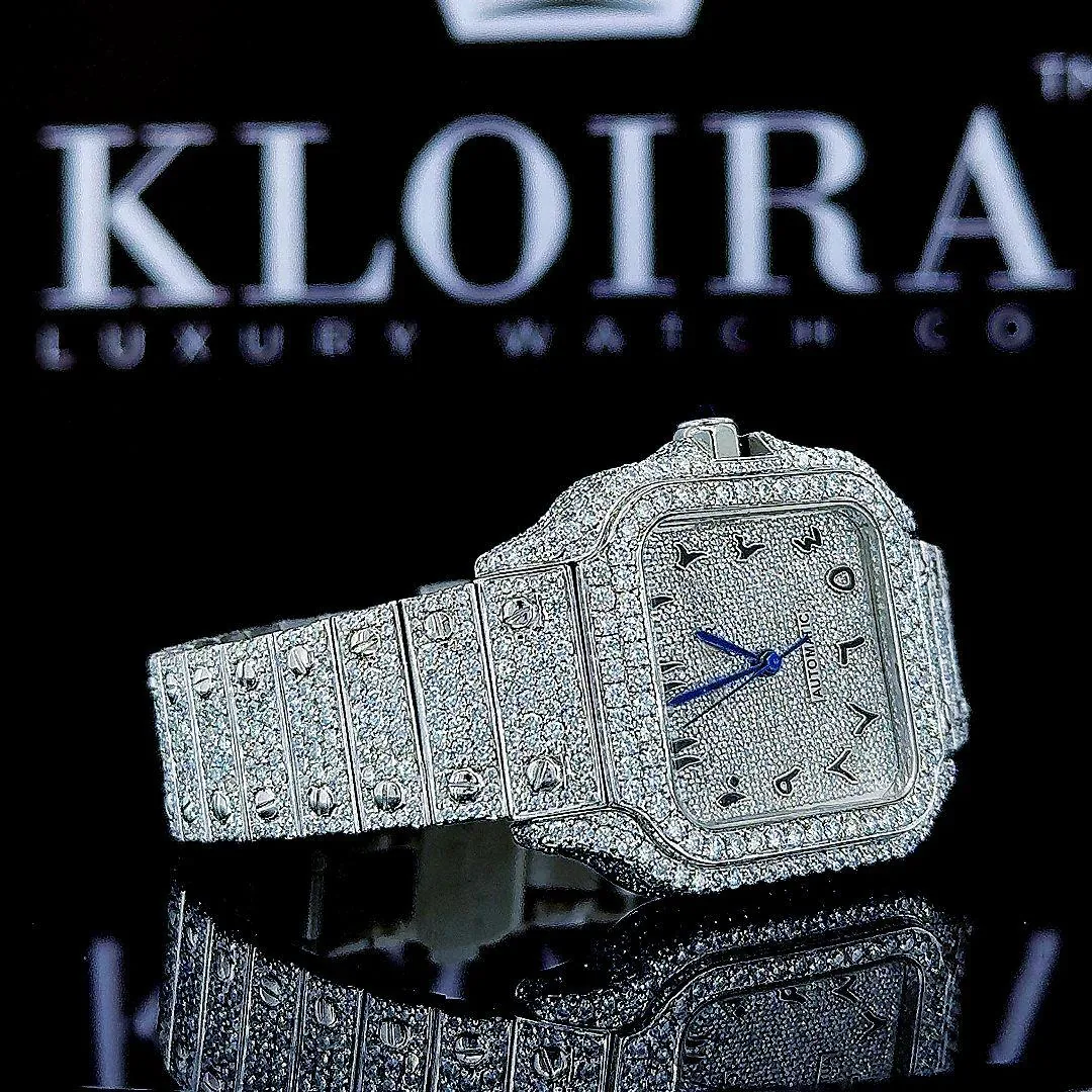 White Dial Arabic Numerals Fully Iced Out Moissanite Watch Left Strap View