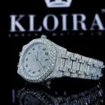 White Dial Black Arabic Numerals Fully Iced Out Moissanite Diamond Watch Left Profile View