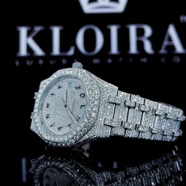White Dial Black Arabic Numerals Fully Iced Out Moissanite Diamond Watch Left Profile View