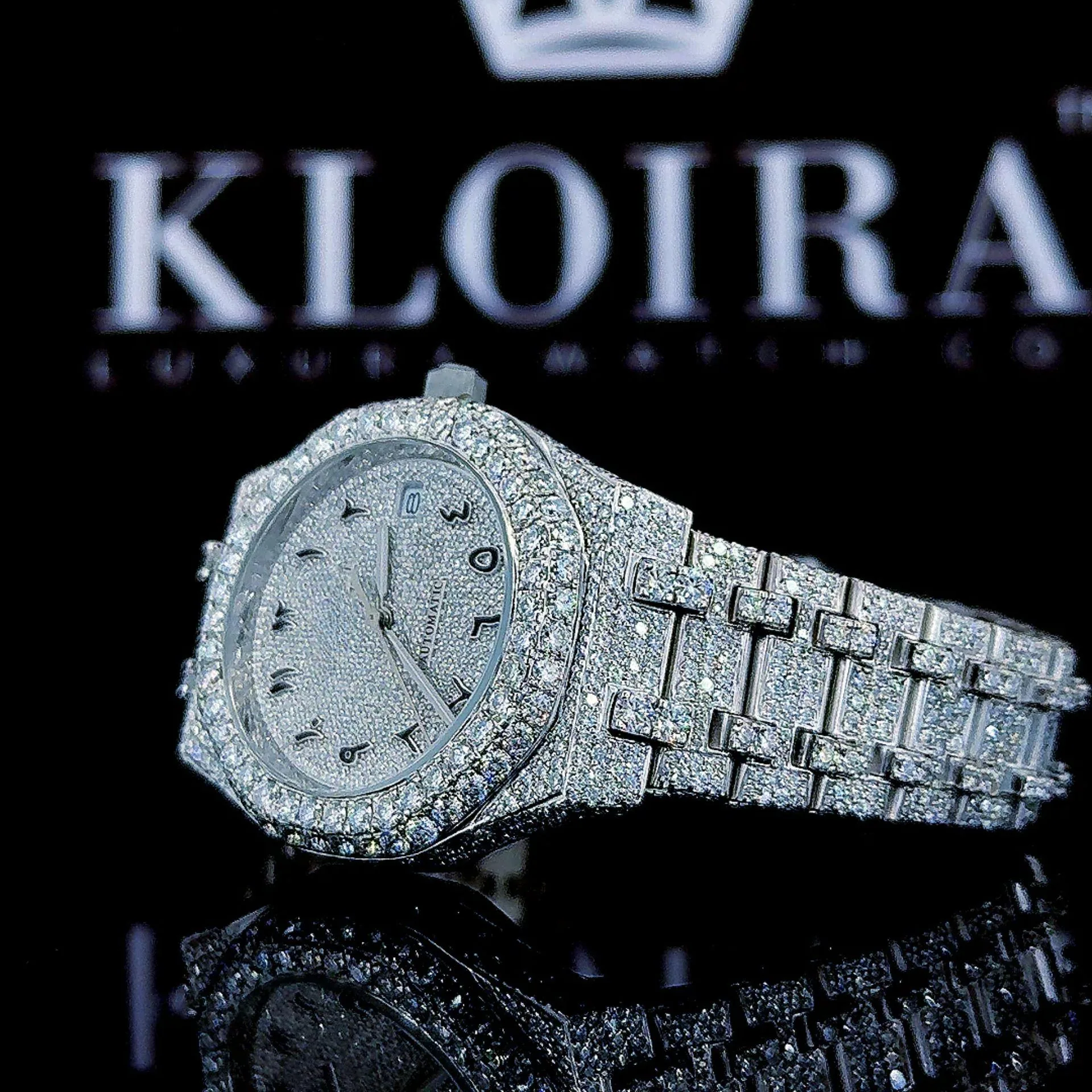White Dial Black Arabic Numerals Fully Iced Out Moissanite Diamond Watch Left Profile View