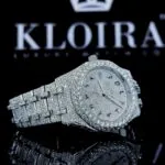 White Dial Black Arabic Numerals Fully Iced Out Moissanite Diamond Watch Right Profile View