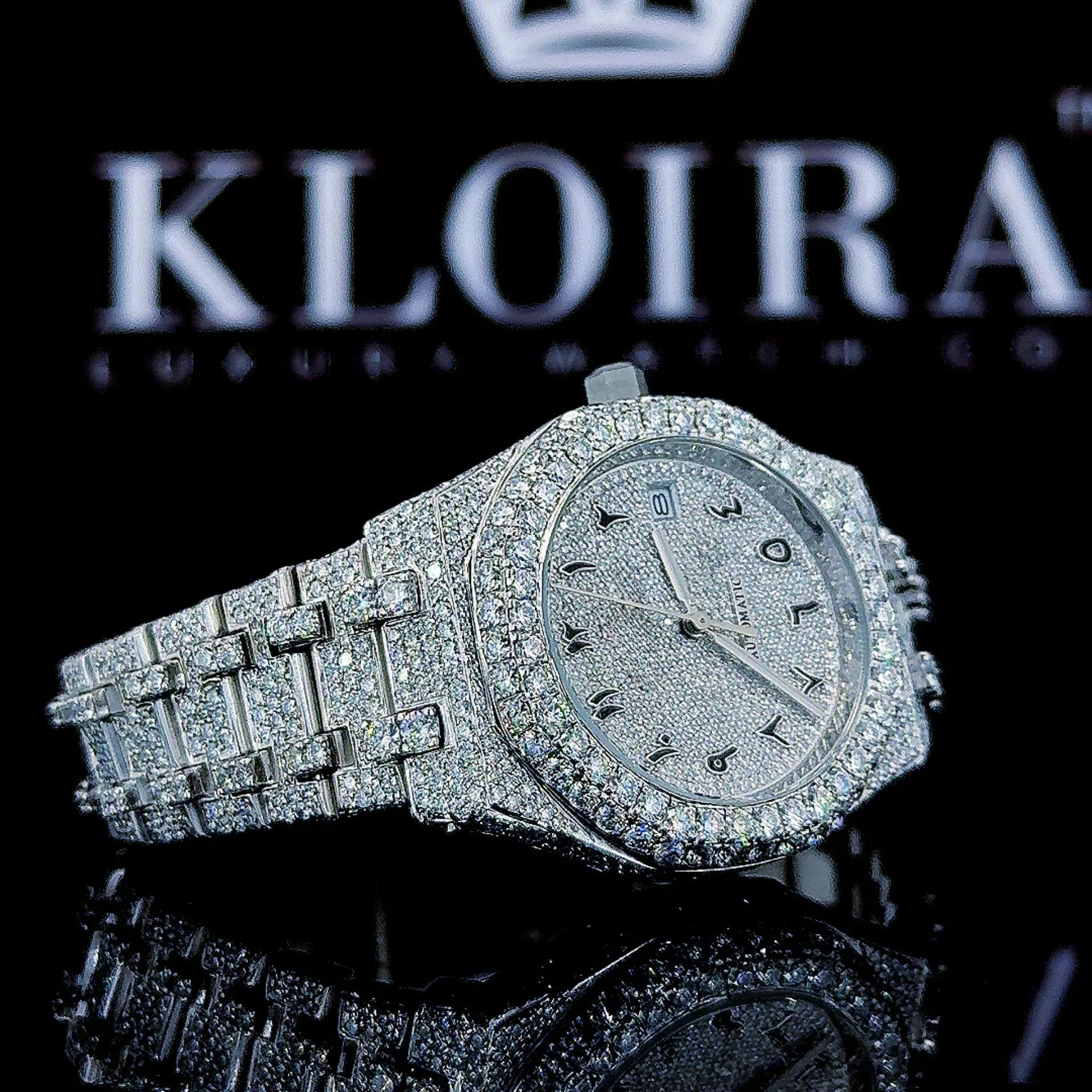 White Dial Black Arabic Numerals Fully Iced Out Moissanite Diamond Watch Right Profile View