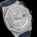 White Dial Black Leather Strap Chronograph Moissanite Diamond Watch Close Up Dial View