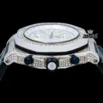 White Dial Black Leather Strap Chronograph Moissanite Diamond Watch Crown View
