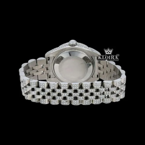 White Dial Black Roman Numerals Bust Down Moissanite Diamond Watch Caseback View