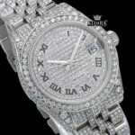White Dial Black Roman Numerals Bust Down Moissanite Diamond Watch Close Up Dial View