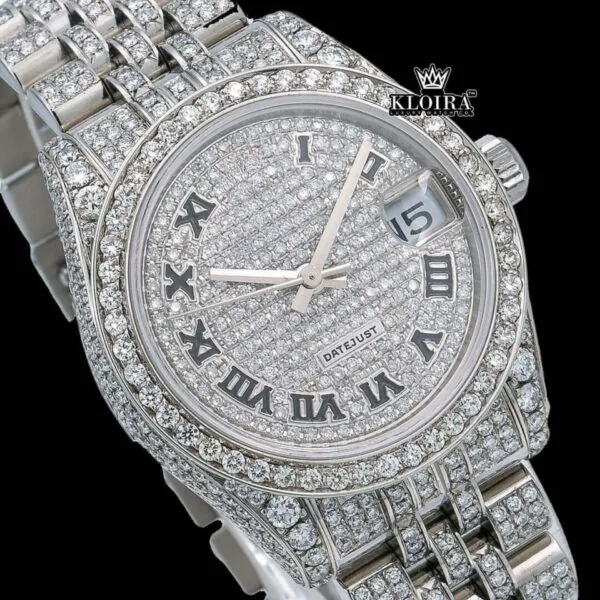 White Dial Black Roman Numerals Bust Down Moissanite Diamond Watch Close Up Dial View