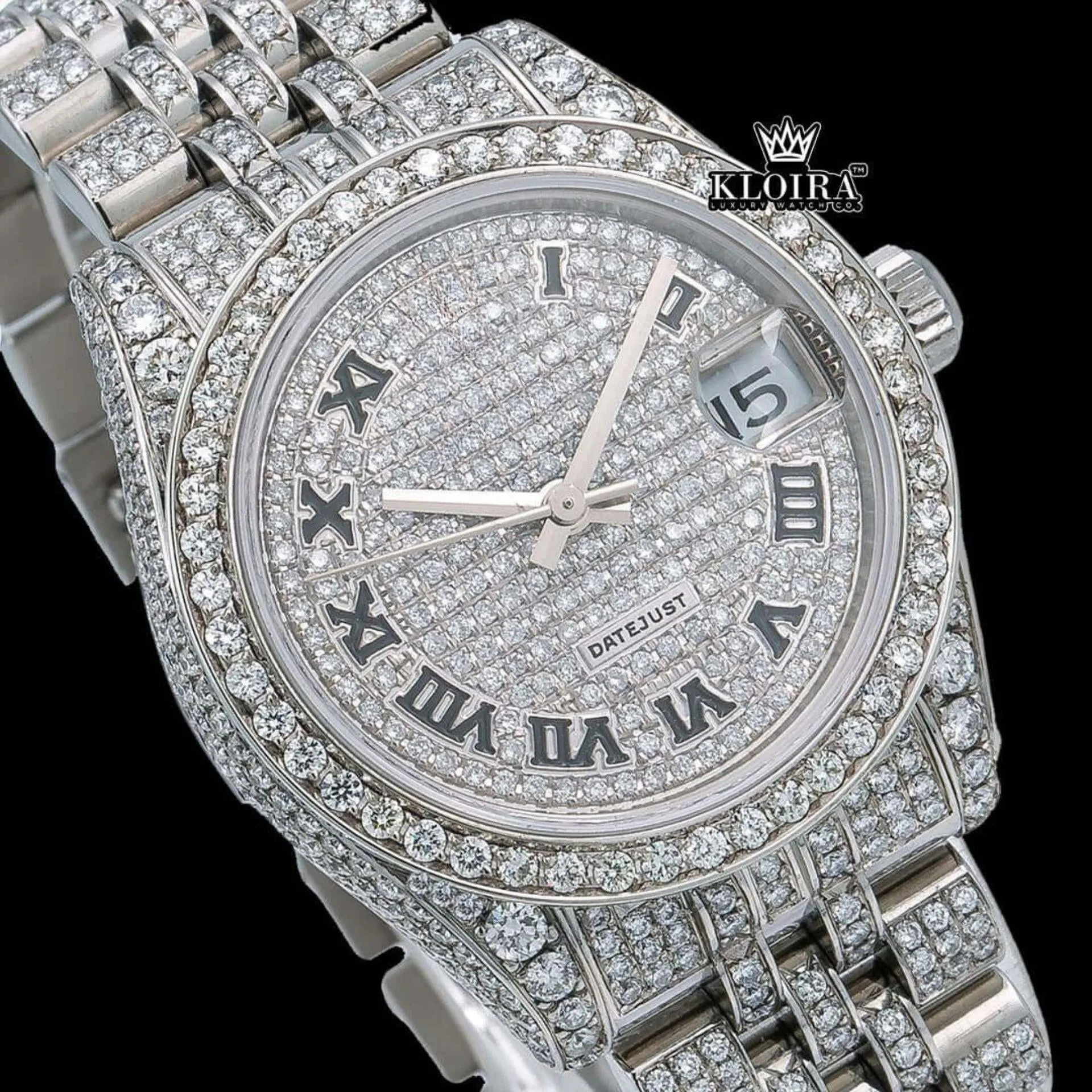 White Dial Black Roman Numerals Bust Down Moissanite Diamond Watch Close Up Dial View
