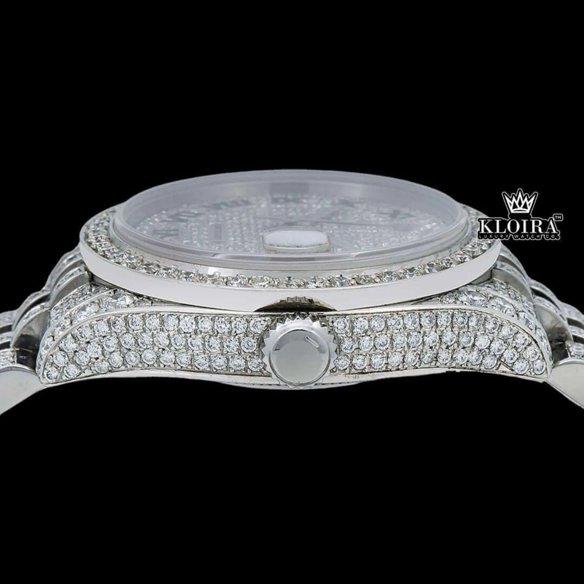 White Dial Black Roman Numerals Bust Down Moissanite Diamond Watch Crown View