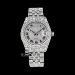 Roles White Dial Black Roman Numerals Bust Down Moissanite Diamond Watch with 14K Gold Plating