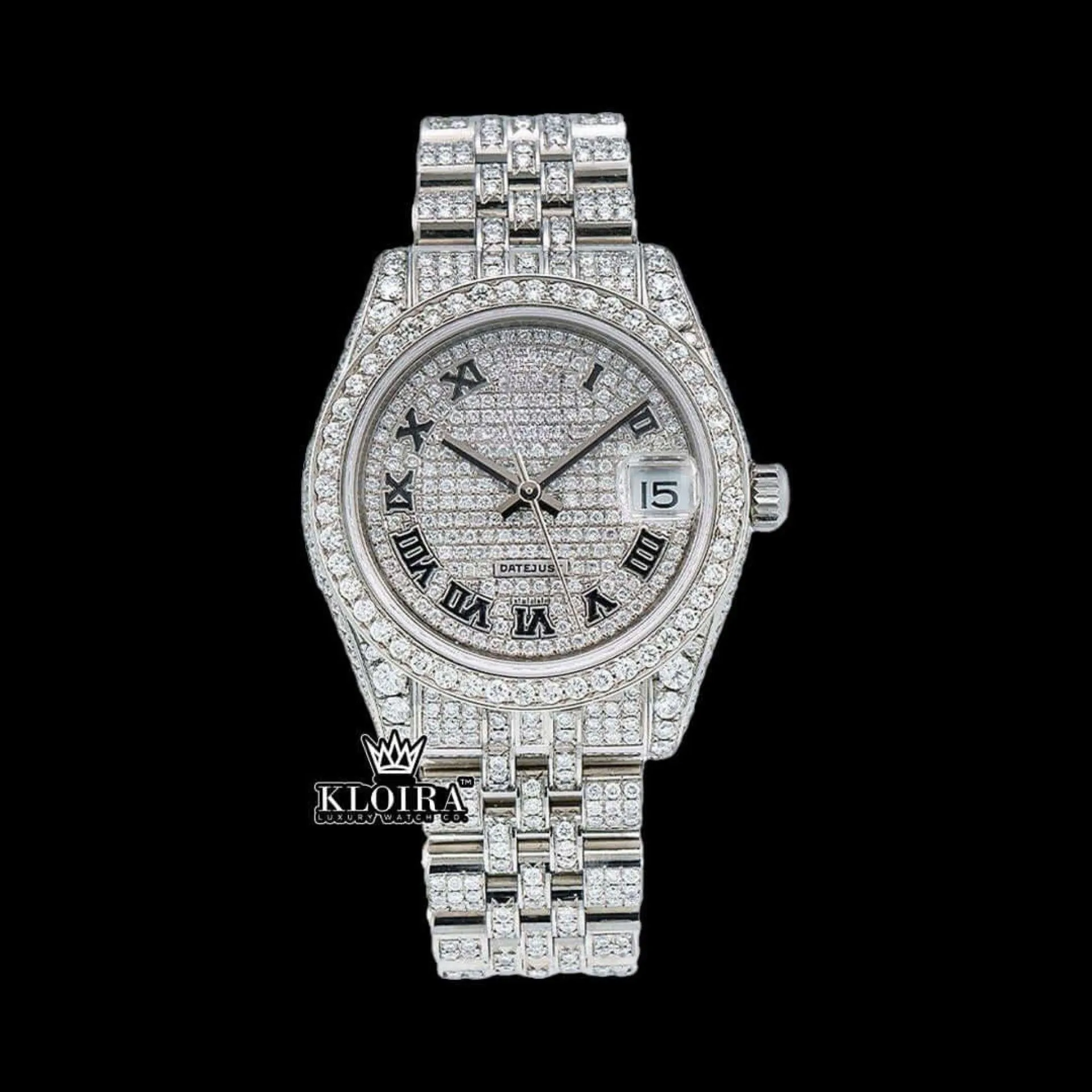 Roles White Dial Black Roman Numerals Bust Down Moissanite Diamond Watch with 14K Gold Plating