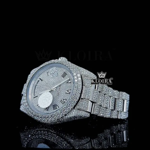 White Dial Black Roman Numerals Fully Iced Out Moissanite Watch Close Up Dial View