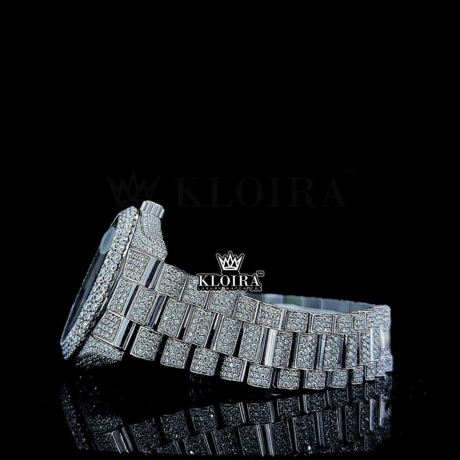 White Dial Black Roman Numerals Fully Iced Out Moissanite Watch Left Side View