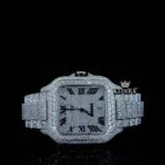 Cartior Santos Moissanite Watch with Iced Out Block Link Strap and White Dial