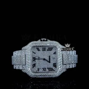 Cartior Santos Moissanite Watch with Iced Out Block Link Strap