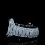 White Dial Black Roman Numerals Iced Out Block Link Strap Moissanite Watch Left Side Bracelet View