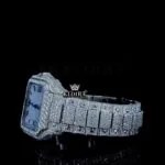 White Dial Black Roman Numerals Iced Out Block Link Strap Moissanite Watch Left Side View
