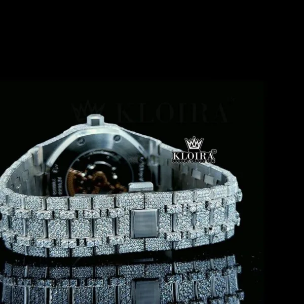 White Dial Black Stick Markers Fully Iced Out Moissanite Diamond Watch Caseback View