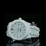 White Dial Black Stick Markers Fully Iced Out Moissanite Diamond Watch Close Up Dial View