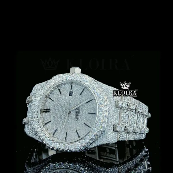 White Dial Black Stick Markers Fully Iced Out Moissanite Diamond Watch Close Up Dial View