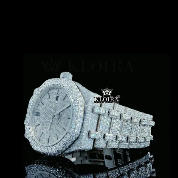 White Dial Black Stick Markers Fully Iced Out Moissanite Diamond Watch Left Profile View