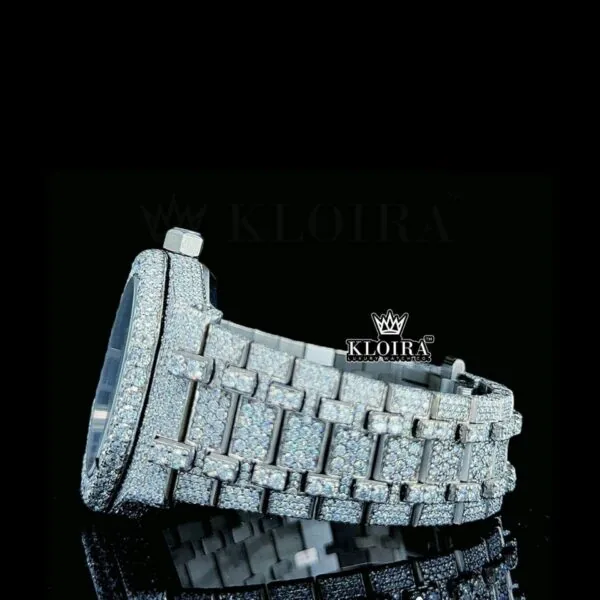 White Dial Black Stick Markers Fully Iced Out Moissanite Diamond Watch Left Side Bracelet View