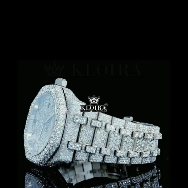 White Dial Black Stick Markers Fully Iced Out Moissanite Diamond Watch Left Side View
