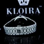 White Dial Blue Arabic Numerals Fully Iced Out Moissanite Diamond Watch Caseback View