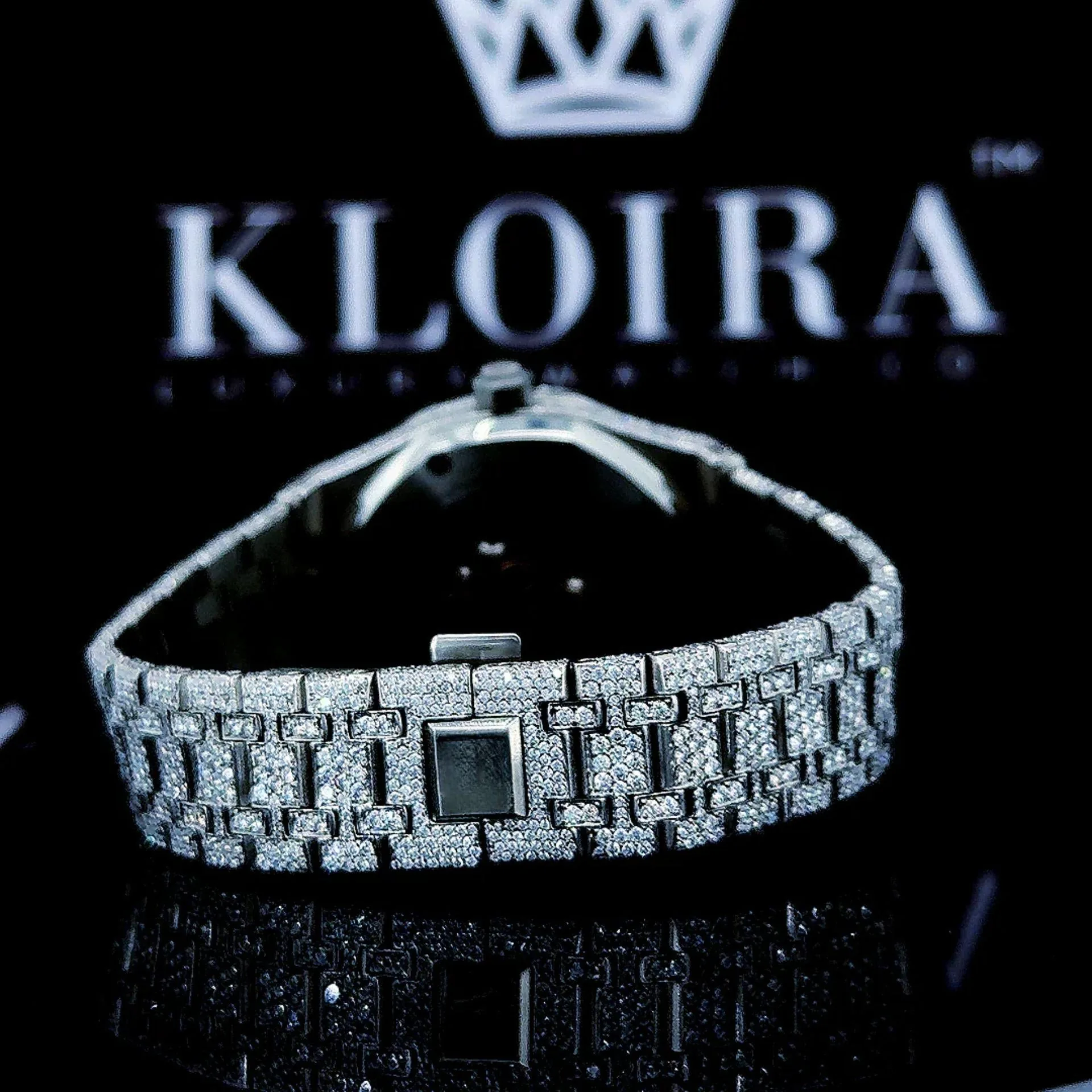 White Dial Blue Arabic Numerals Fully Iced Out Moissanite Diamond Watch Caseback View