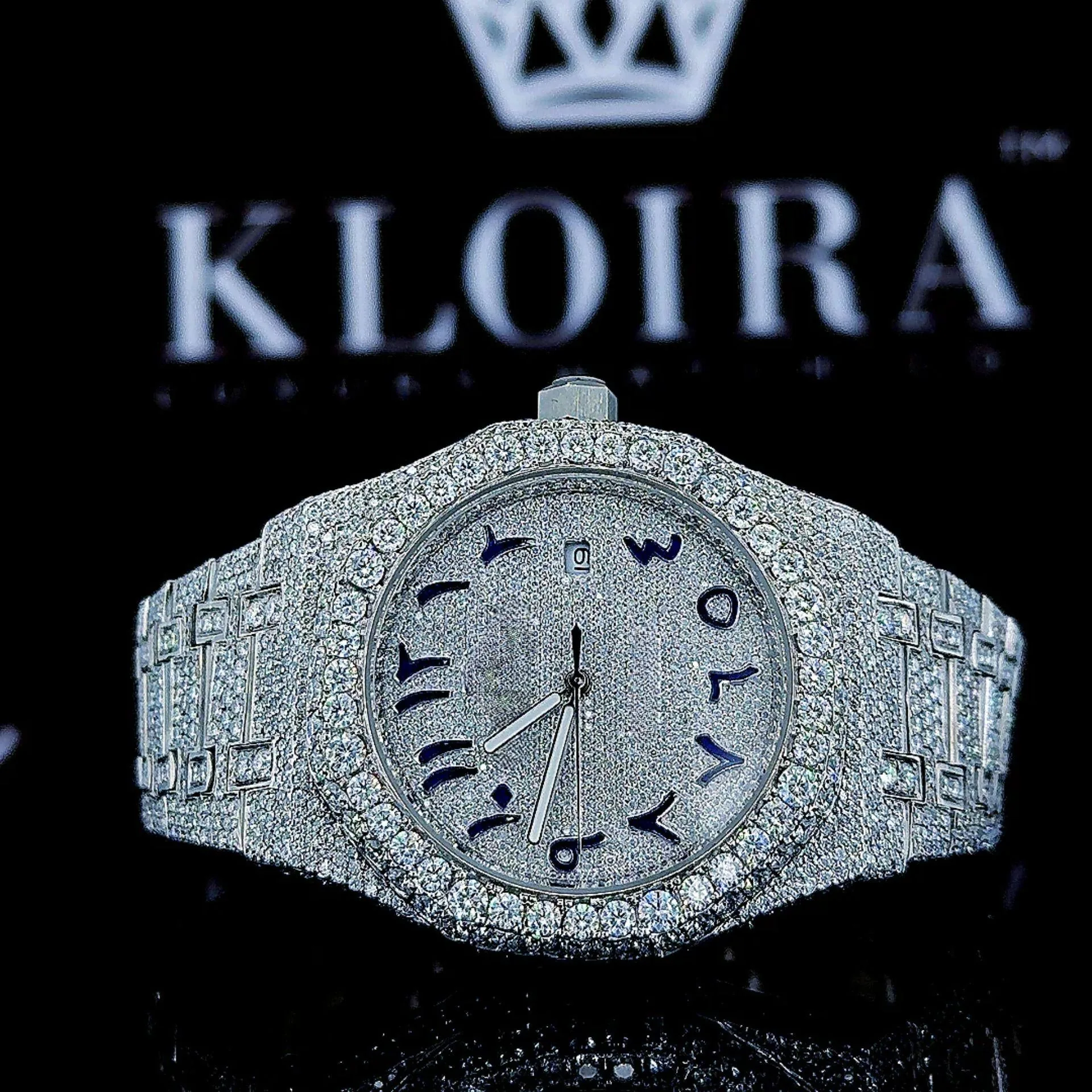 AP Royal Oak Moissanite Watch with White Dial and Blue Arabic Numerals Front View