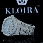 White Dial Blue Arabic Numerals Fully Iced Out Moissanite Diamond Watch Left Profile View