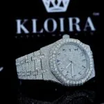 White Dial Blue Arabic Numerals Fully Iced Out Moissanite Diamond Watch Right Profile View