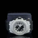 White Dial Chronograph Black Rubber Strap Semi Iced Out Moissanite Watch Close Up Front View