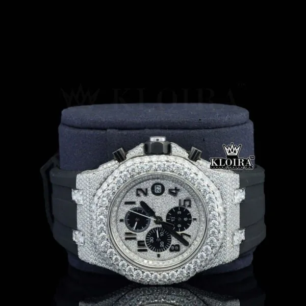 White Dial Chronograph Black Rubber Strap Semi Iced Out Moissanite Watch Close Up Front View