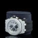 White Dial Chronograph Black Rubber Strap Semi Iced Out Moissanite Watch Left Profile View