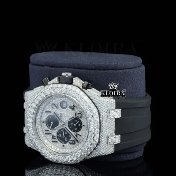 White Dial Chronograph Black Rubber Strap Semi Iced Out Moissanite Watch Left Profile View