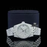 White Dial Diamond Markers Date Display Fully Iced Out Moissanite Watch Close Up Front View