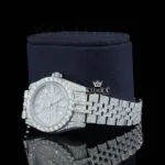 White Dial Diamond Markers Date Display Fully Iced Out Moissanite Watch Laft Profile View