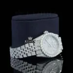 White Dial Diamond Markers Date Display Fully Iced Out Moissanite Watch Right Profile View