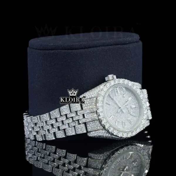 White Dial Diamond Markers Date Display Fully Iced Out Moissanite Watch Right Profile View