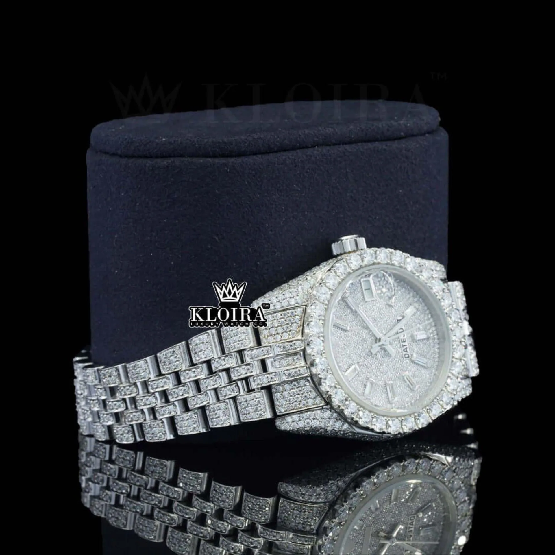 White Dial Diamond Markers Date Display Fully Iced Out Moissanite Watch Right Profile View
