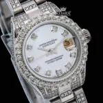 White Dial Diamond Markers Date Display Moissanite Diamond Watch Close Up View