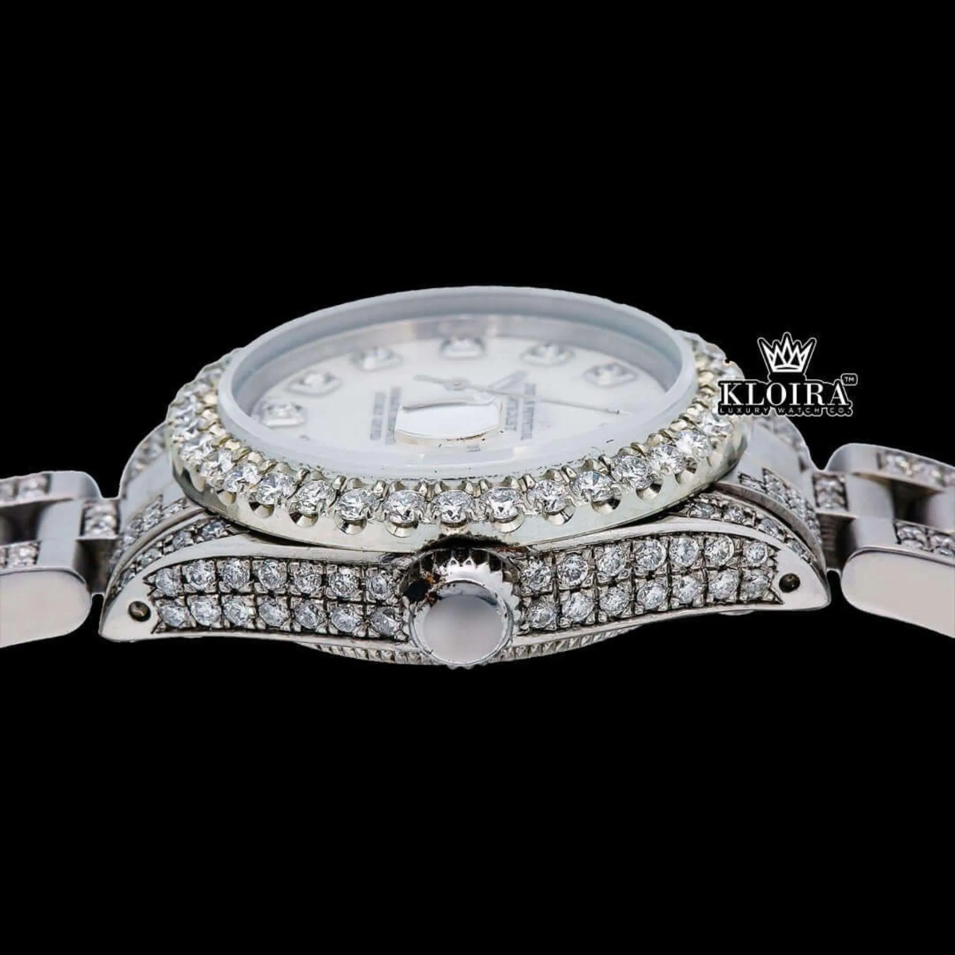 White Dial Diamond Markers Date Display Moissanite Diamond Watch Crown View