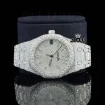 White Dial Diamond Markers Fully Iced Out Moissanite Watch Close Up Front View
